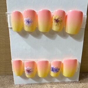 Pink Yellow Ombre Press On Nails Short Square Floral Accent 10pc Set